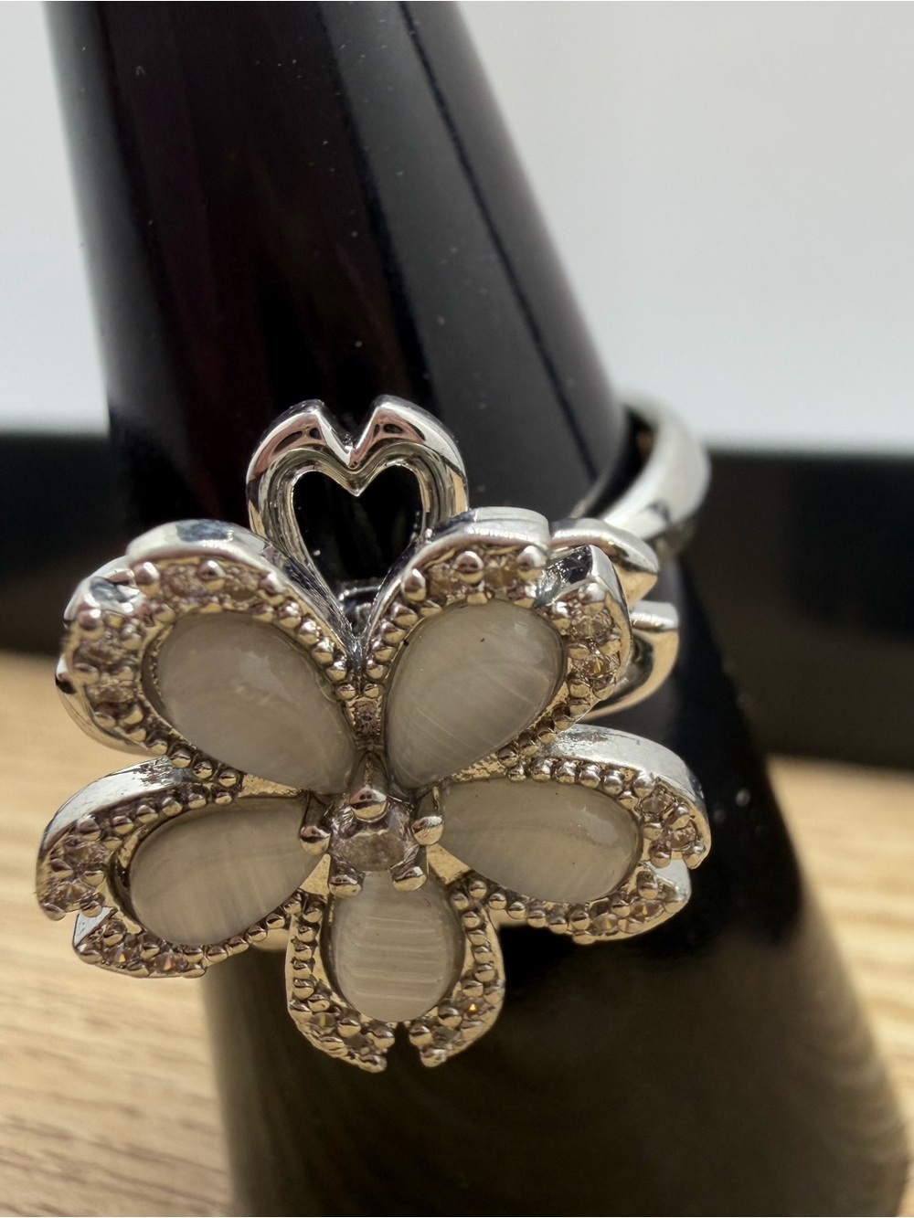 Silver Floral Cat's Eye Statement Ring in White